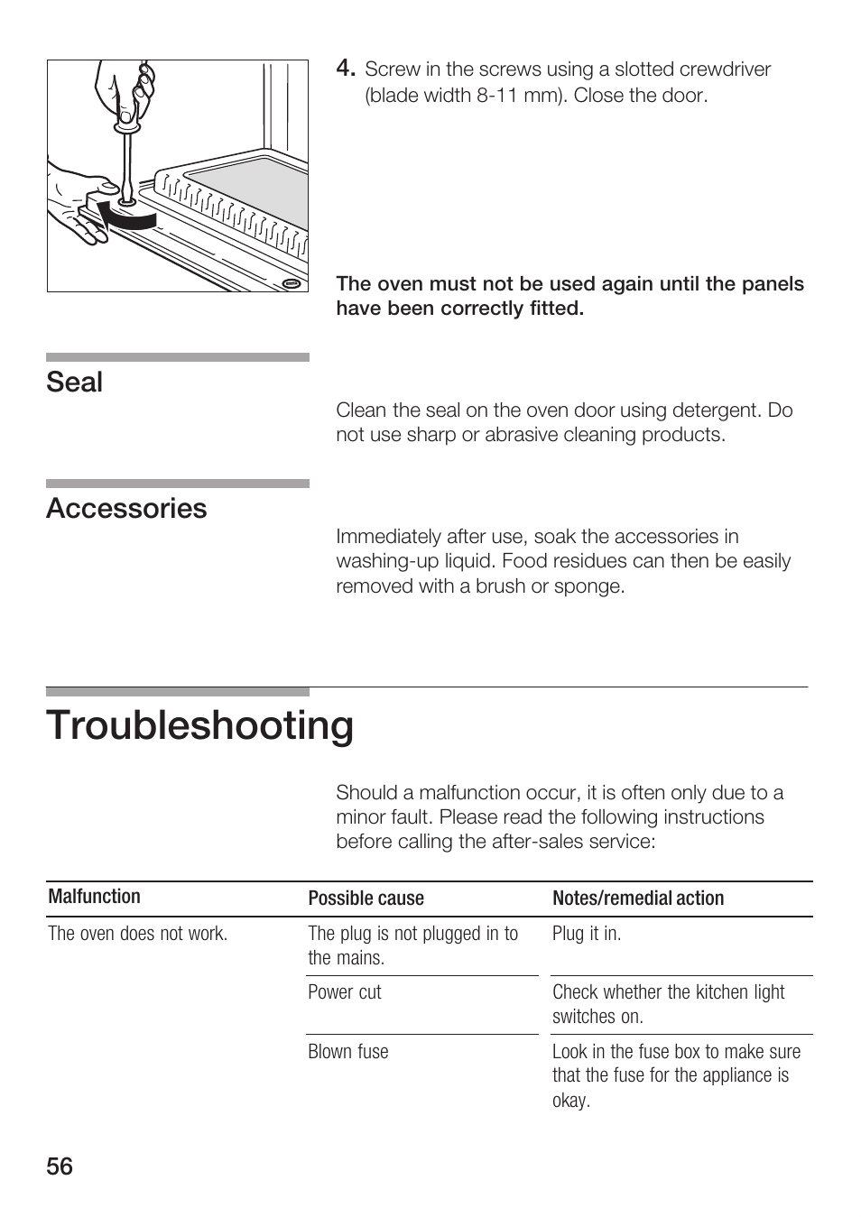 Troubleshooting, Seal accessories | Bosch HBC86K7.0 User Manual | Page 56 / 84