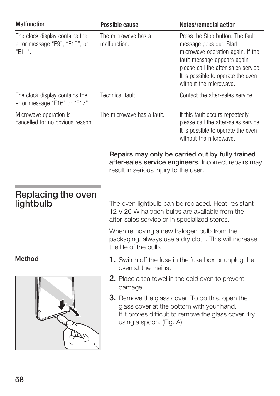 Replacing the oven lightbulb | Bosch HBC86K7.0 User Manual | Page 58 / 84