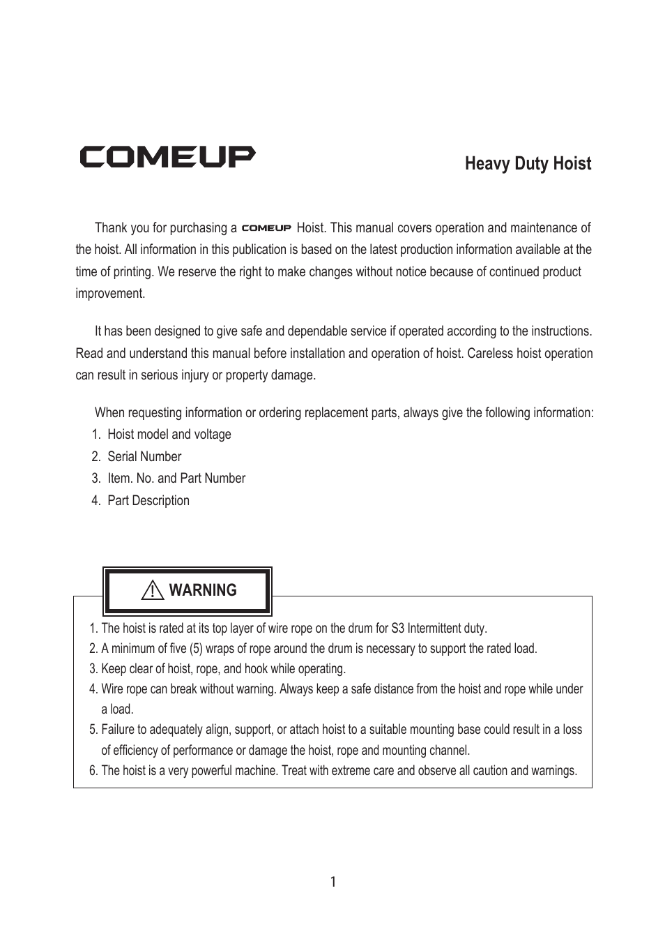 Heavy duty hoist | COMEUP Heavy Duty DC Hoist (Ver:01) User Manual | Page 3 / 16