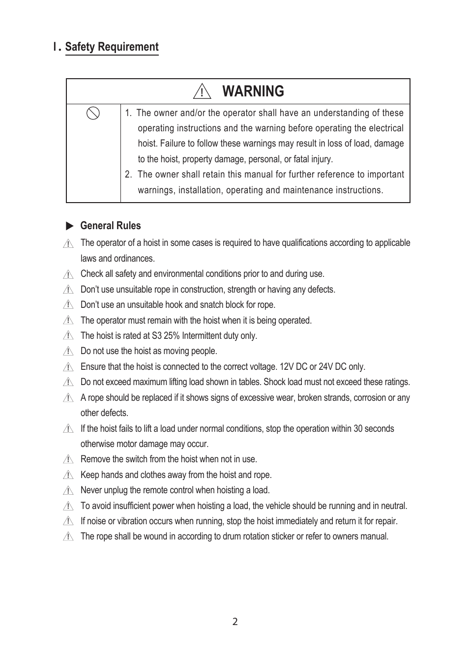 Warning, Safety requirement | COMEUP Heavy Duty DC Hoist (Ver:01) User Manual | Page 4 / 16