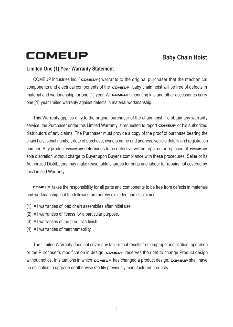 Baby chain hoist | COMEUP Chain Hoist (Ver:02) User Manual | Page 3 / 16