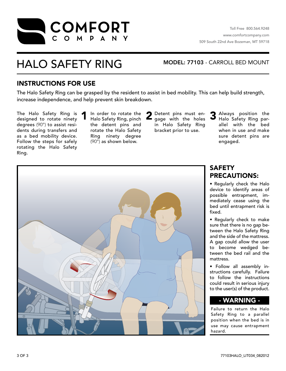 Halo safety ring, Safety precautions, Instructions for use | Warning | Comfort Company 77103 Halo User Manual | Page 3 / 3