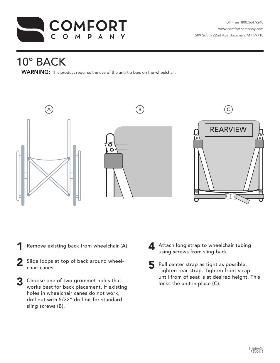 Comfort Company 10 Degree Back User Manual | 1 page