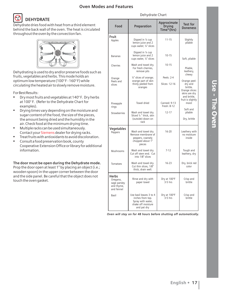 Oven, English • 17 dehydrate, Oven modes and features | Siemens HE2415C User Manual | Page 21 / 110