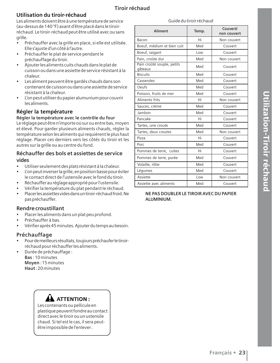 Mise en oeuvre aide, Utilization- tir oir ré c haud, Français • 23 | Utilisation du tiroir-réchaud, Régler la température, Réchauffer des bols et assiettes de service vides, Rendre croustillant, Préchauffage, Tiroir réchaud attention | Siemens HE2415C User Manual | Page 63 / 110