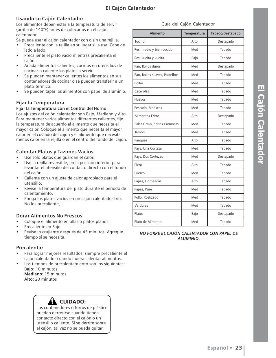 Español • 23, El cajón calentador, Cuidado | Usando su cajón calentador, Fijar la temperatura, Calentar platos y tazones vacíos, Dorar alimentos no frescos, Precalentar | Siemens HE2415C User Manual | Page 99 / 110