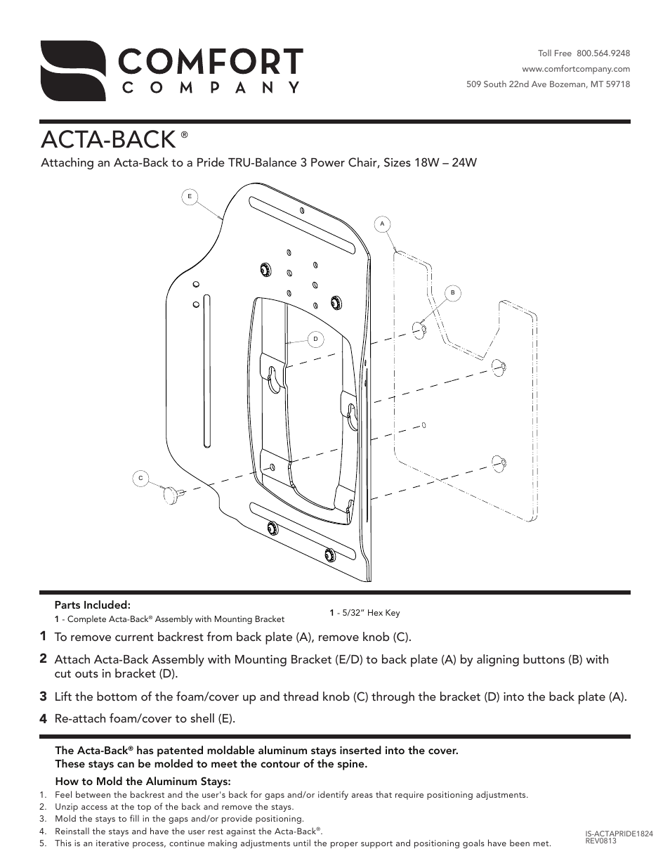 Comfort Company Acta-Back Pride 18W-24W User Manual | 1 page