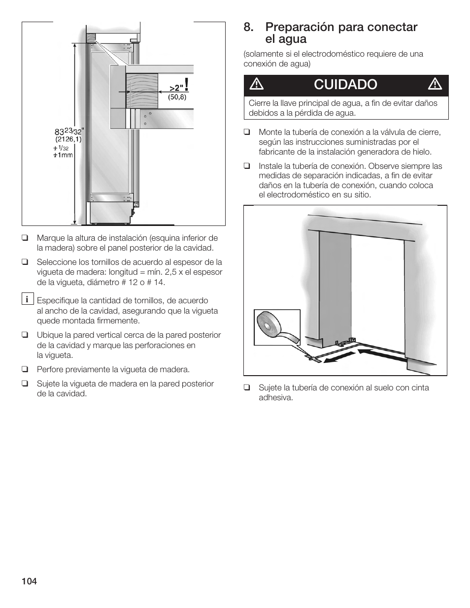 Cuidado, Preparación para conectar el agua | Bosch Single Door User Manual | Page 104 / 124