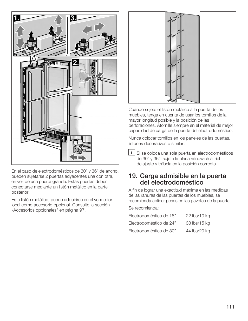 Carga admisible en la puerta del electrodoméstico | Bosch Single Door User Manual | Page 111 / 124