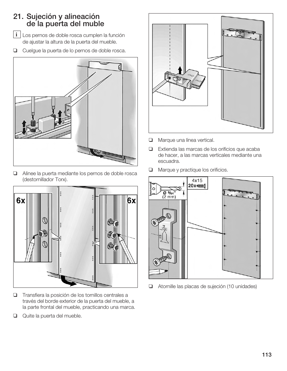 Sujeción y alineación de la puerta del muble | Bosch Single Door User Manual | Page 113 / 124