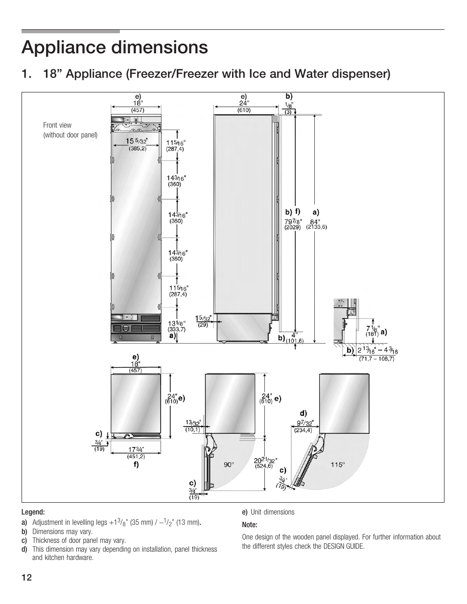 Appliance dimensions | Bosch Single Door User Manual | Page 12 / 124