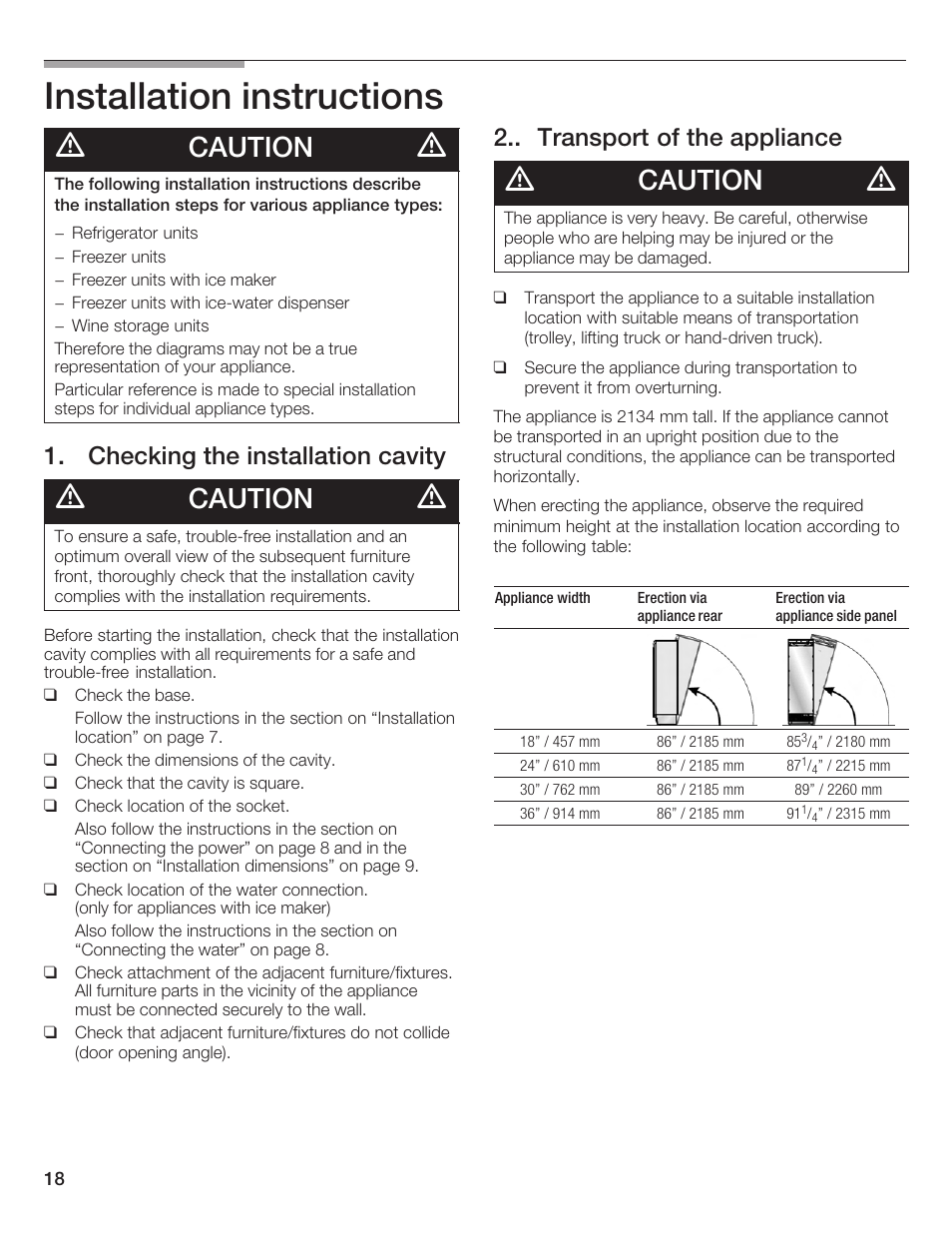 Installation instructions, Caution, Checking the installation cavity | Transport of the appliance | Bosch Single Door User Manual | Page 18 / 124