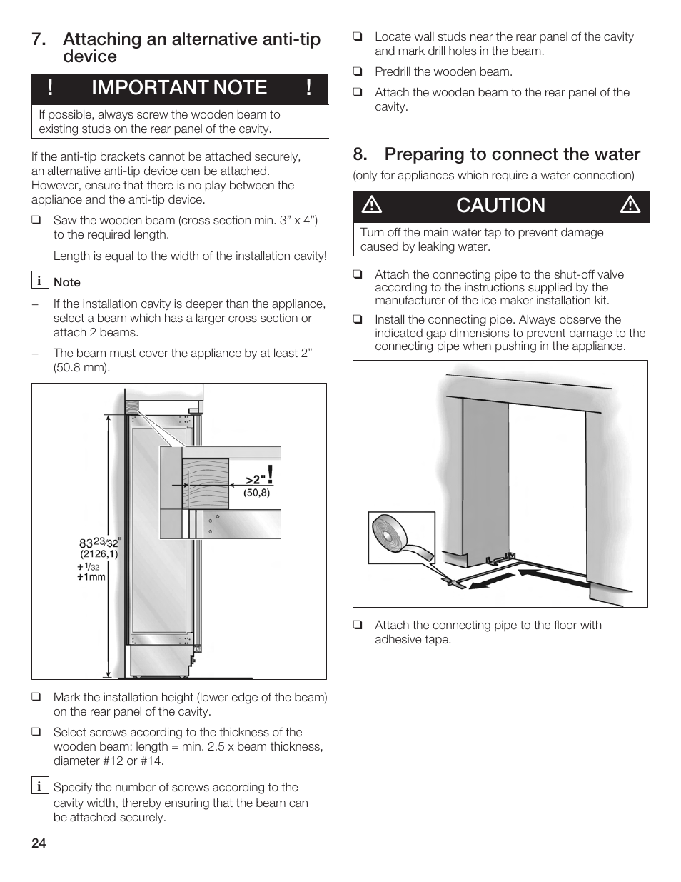 Caution, Attaching an alternative antićtip device, Preparing to connect the water | Bosch Single Door User Manual | Page 24 / 124