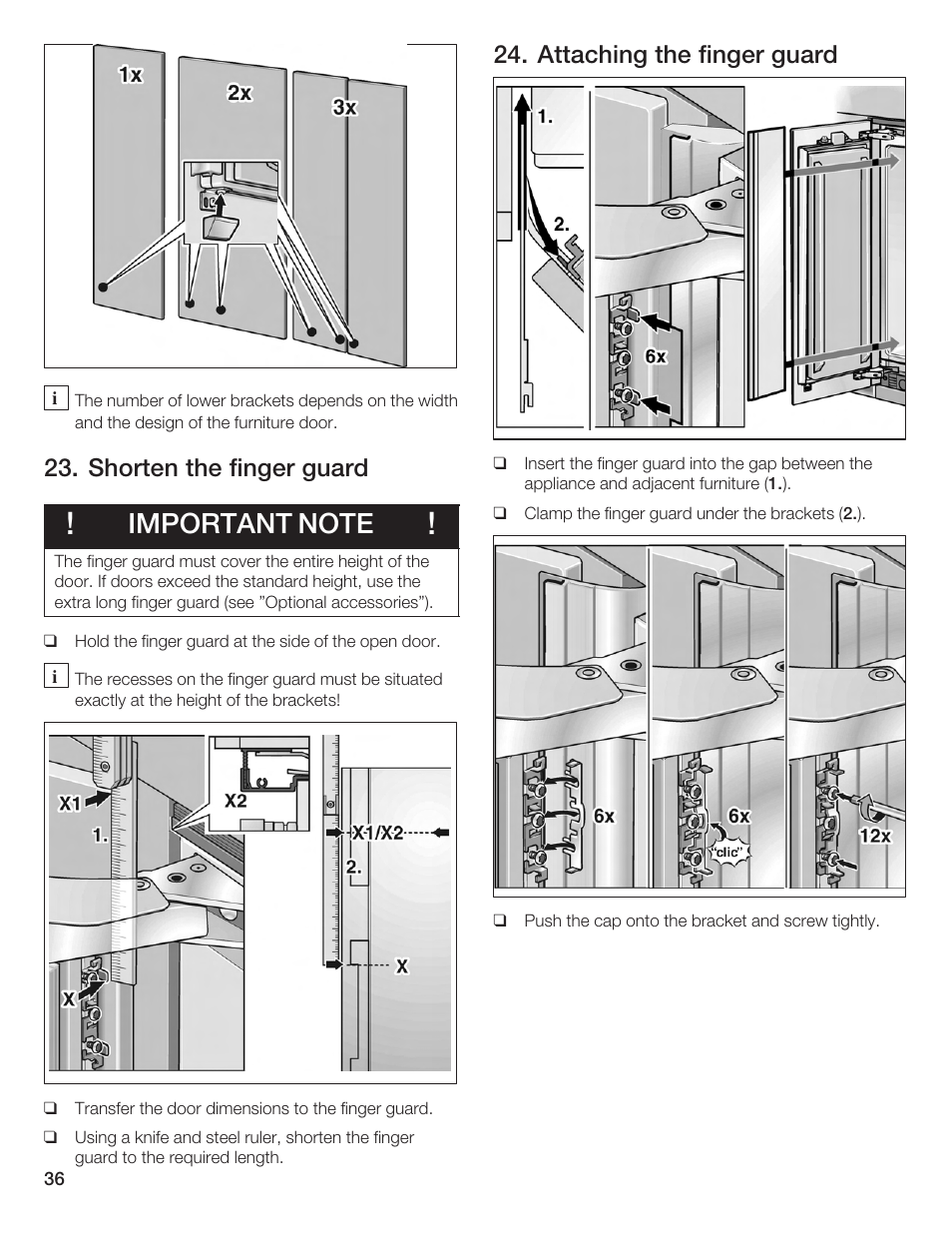 Shorten the finger guard, Attaching the finger guard | Bosch Single Door User Manual | Page 36 / 124