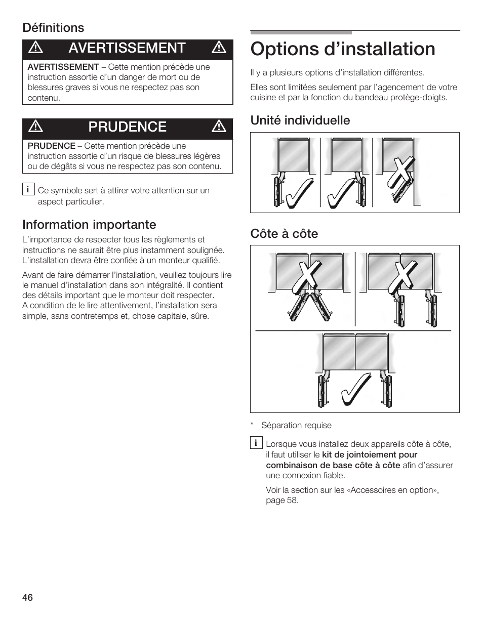 Options d'installation, Avertissement, Prudence | Bosch Single Door User Manual | Page 46 / 124