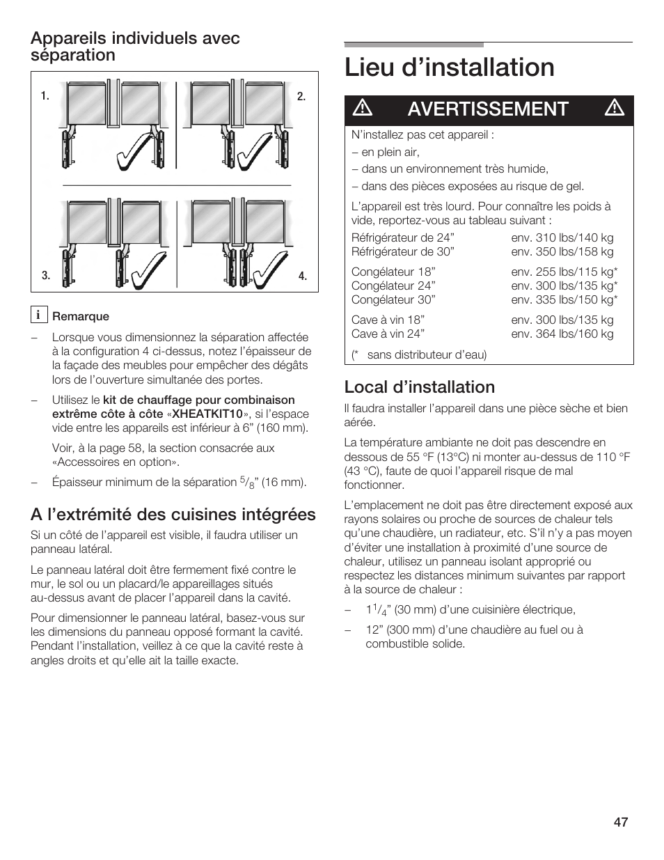 Lieu d'installation, Avertissement, Appareils individuels avec séparation | A l'extrémité des cuisines intégrées, Local d'installation | Bosch Single Door User Manual | Page 47 / 124