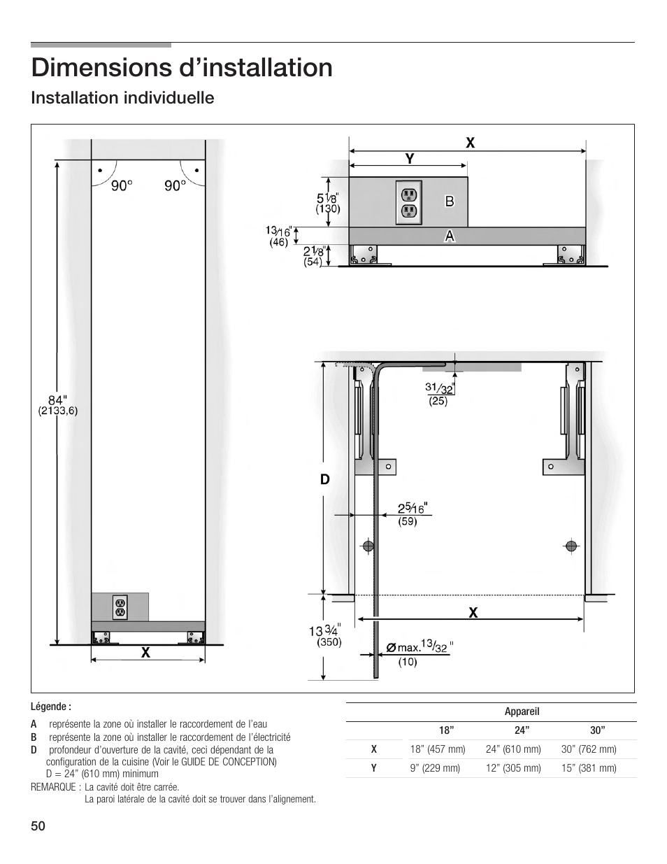 Dimensions d'installation, Installation individuelle | Bosch Single Door User Manual | Page 50 / 124