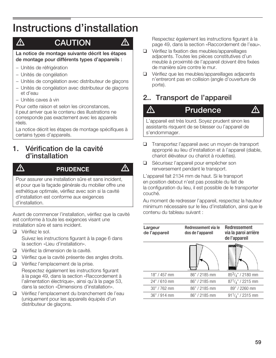 Instructions d'installation, Caution, Prudence | Vérification de la cavité d'installation, Transport de l'appareil | Bosch Single Door User Manual | Page 59 / 124