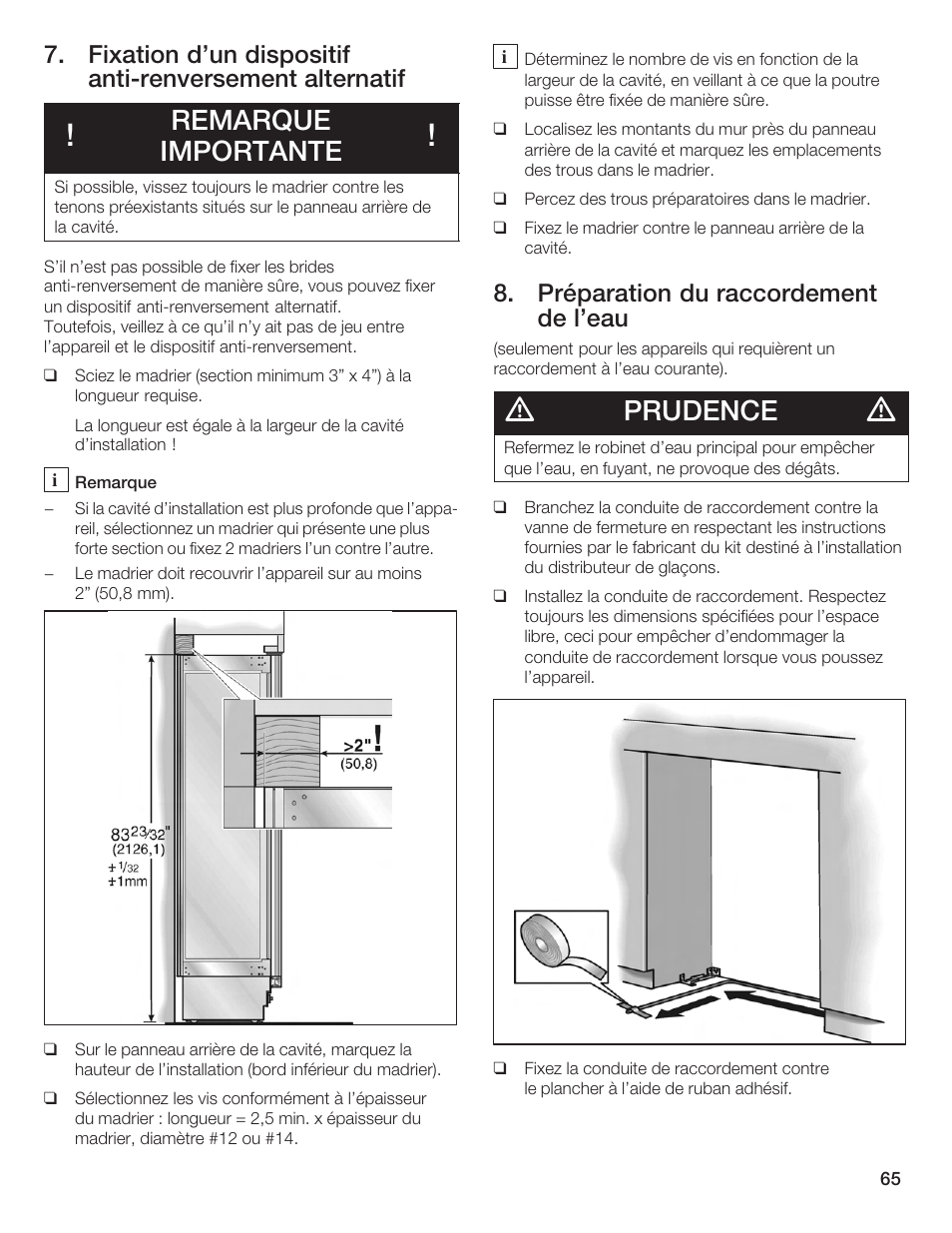 Remarque importante, Prudence, Préparation du raccordement de l'eau | Bosch Single Door User Manual | Page 65 / 124