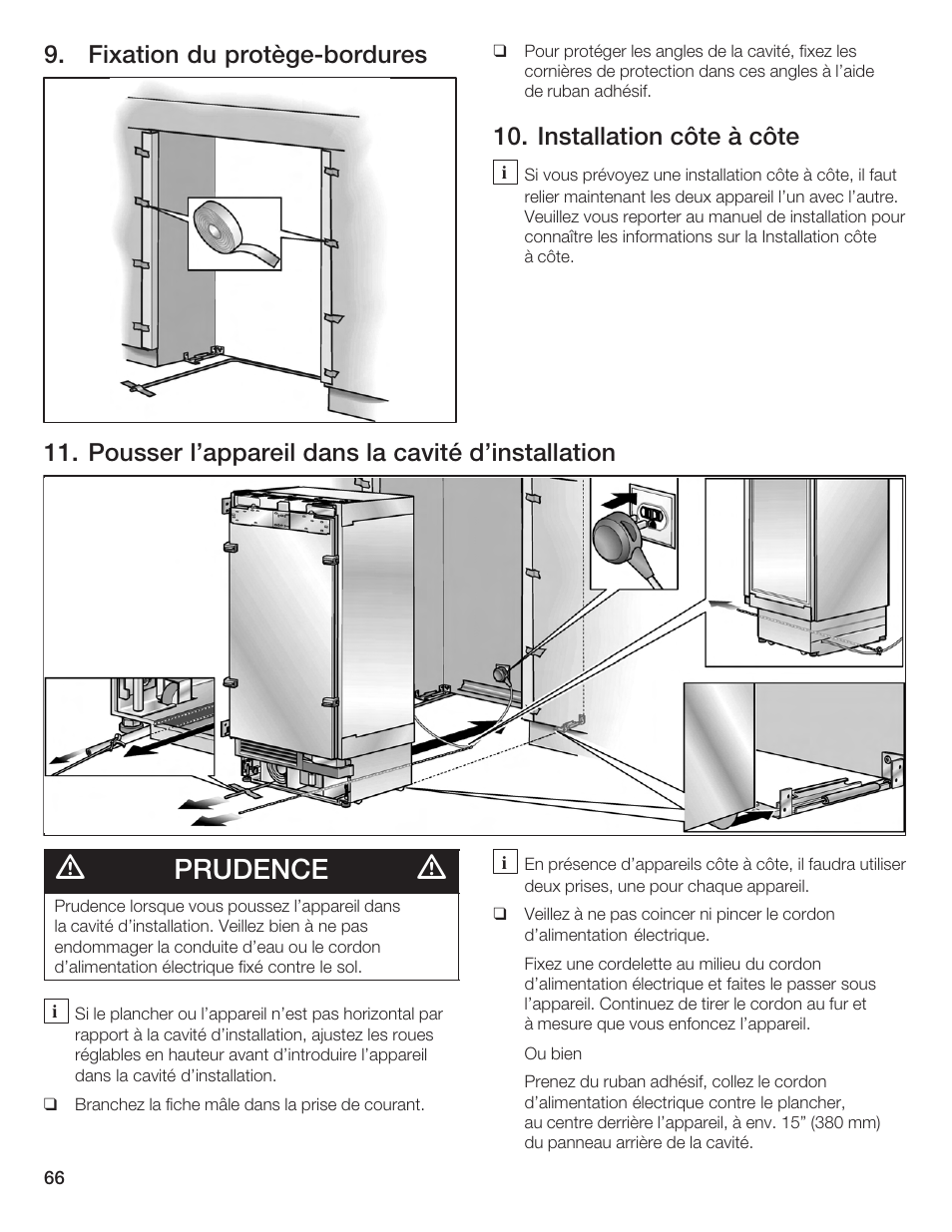 Prudence, Fixation du protègećbordures, Installation côte à côte | Pousser l'appareil dans la cavité d'installation | Bosch Single Door User Manual | Page 66 / 124