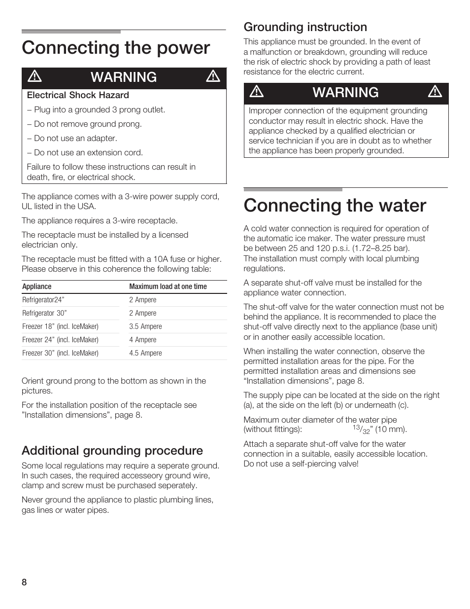Connecting the power, Connecting the water, Warning | Additional grounding procedure, Grounding instruction | Bosch Single Door User Manual | Page 8 / 124