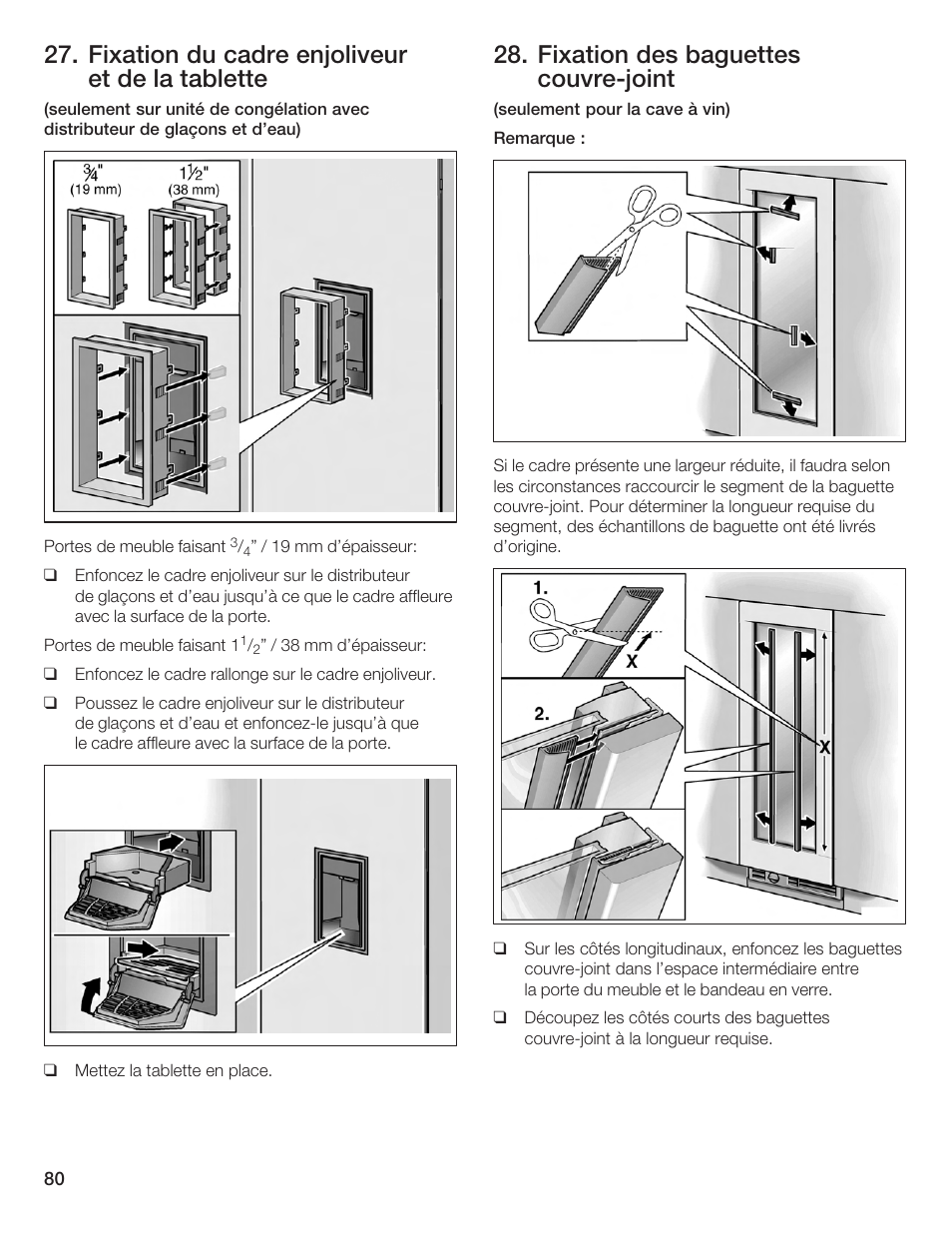 Fixation du cadre enjoliveur et de la tablette, Fixation des baguettes couvrećjoint | Bosch Single Door User Manual | Page 80 / 124