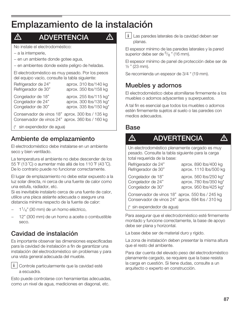 Emplazamiento de la instalación, Advertencia, Ambiente de emplazamiento | Cavidad de instalación, Muebles y adornos, Base | Bosch Single Door User Manual | Page 87 / 124