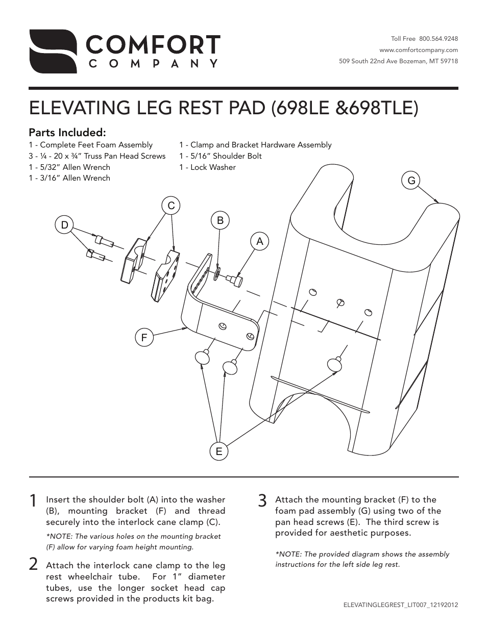 Comfort Company Elevating Legrest (698LE &698TLE) User Manual | 1 page