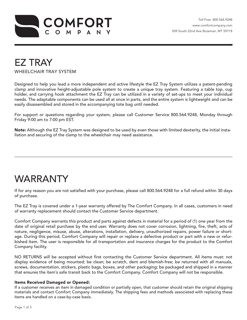 Comfort Company Eztray User Manual | 3 pages