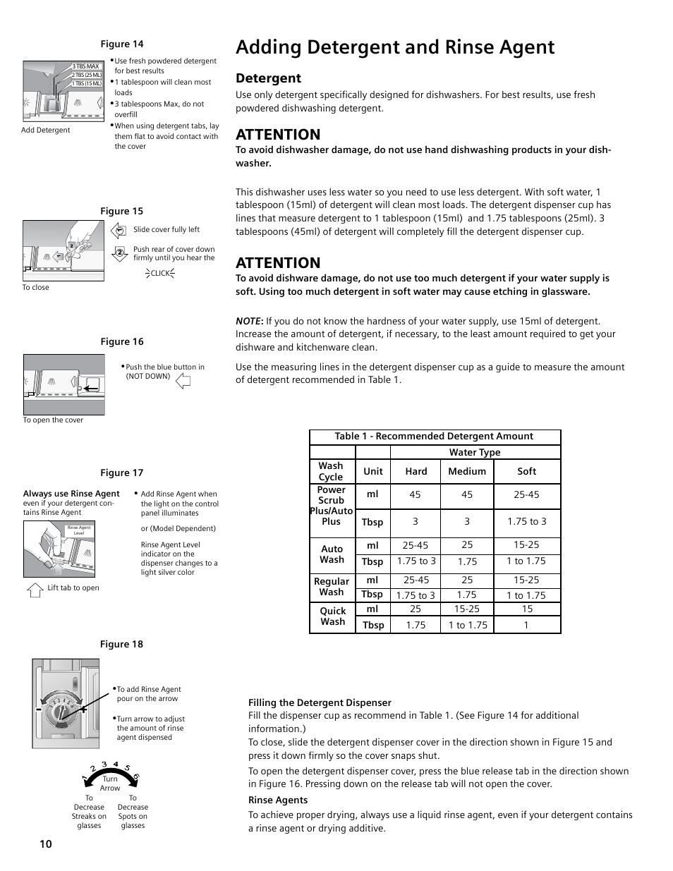 Adding detergent and rinse agent, Attention, Detergent | Bosch SGV45E03UC User Manual | Page 10 / 64