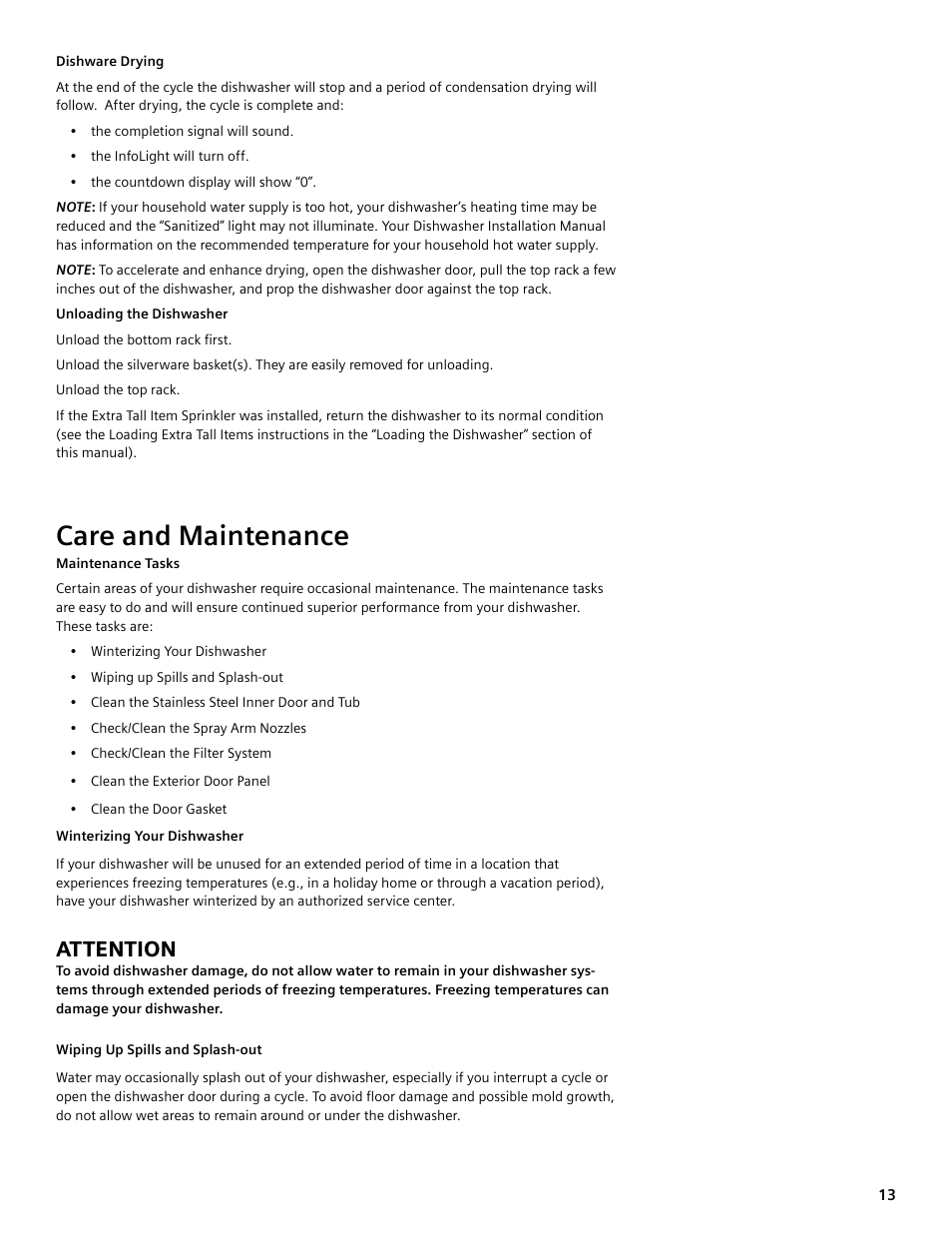 Care and maintenance, Attention | Bosch SGV45E03UC User Manual | Page 13 / 64