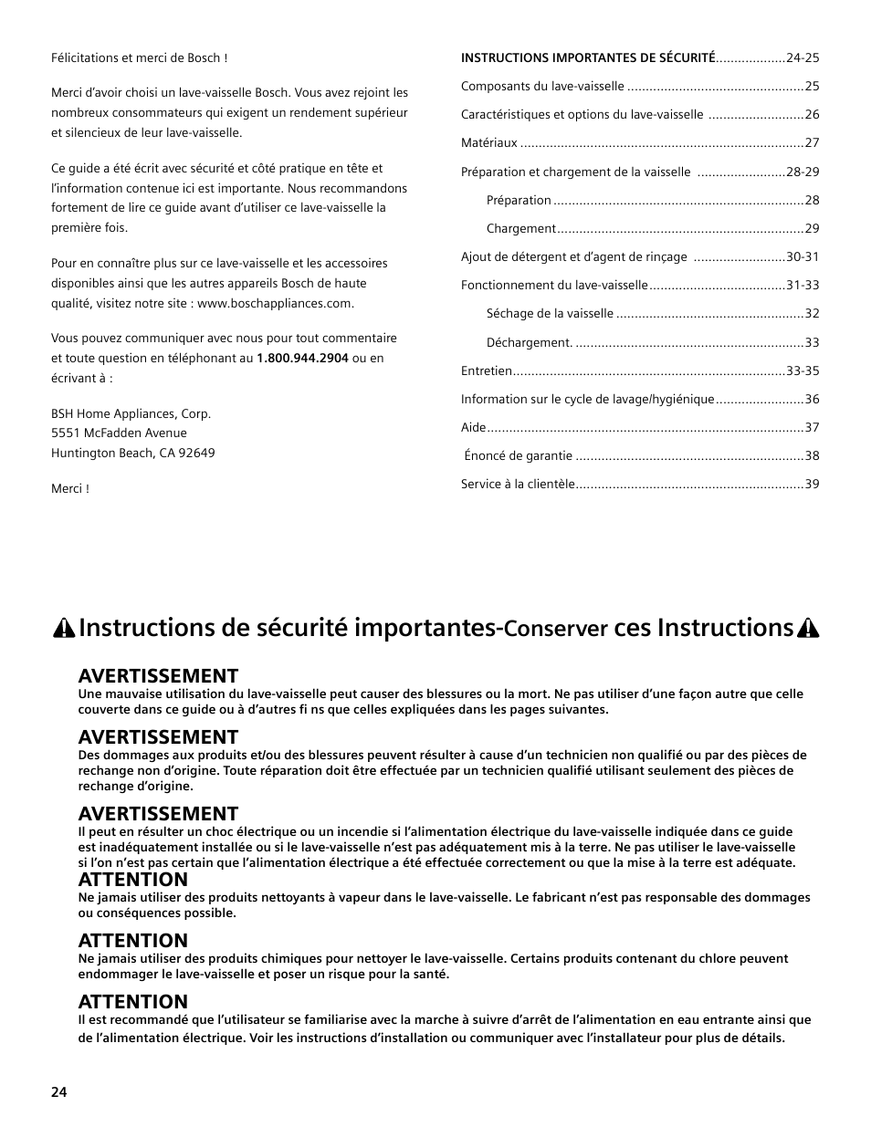 Instructions de sécurité importantes, Ces instructions, Conserver | Avertissement, Attention | Bosch SGV45E03UC User Manual | Page 24 / 64