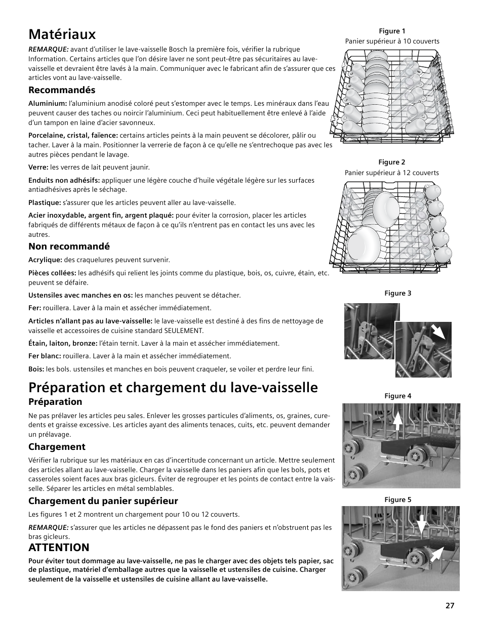 Matériaux, Préparation et chargement du lave-vaisselle, Attention | Bosch SGV45E03UC User Manual | Page 27 / 64