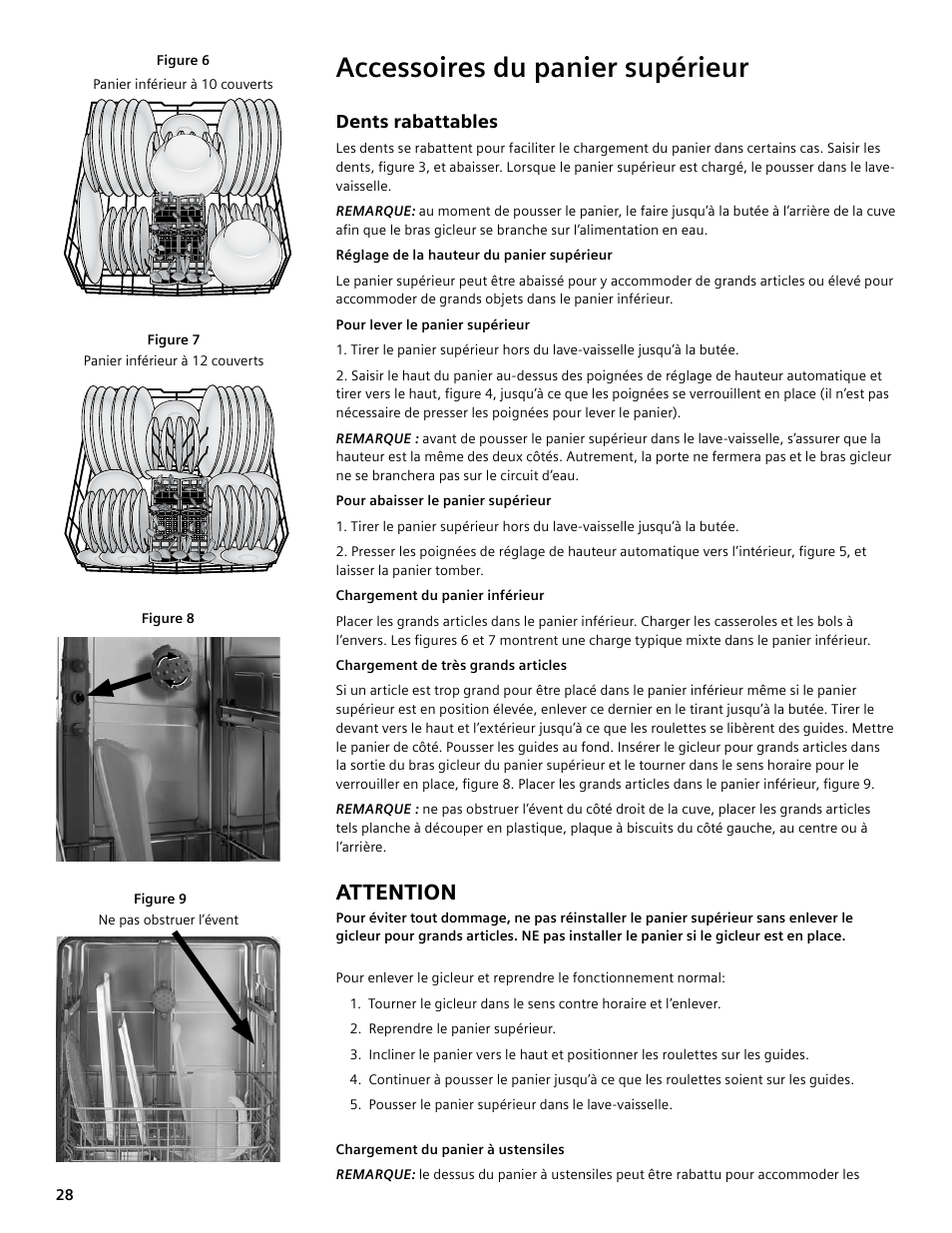 Accessoires du panier supérieur, Attention | Bosch SGV45E03UC User Manual | Page 28 / 64