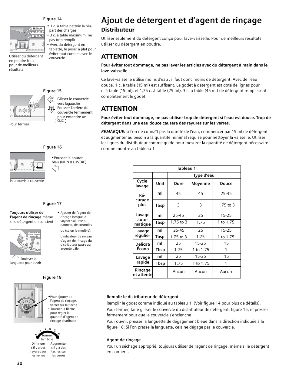 Ajout de détergent et d’agent de rinçage, Attention, Distributeur | Bosch SGV45E03UC User Manual | Page 30 / 64