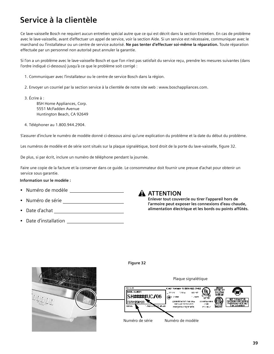 Service à la clientèle, Attention | Bosch SGV45E03UC User Manual | Page 39 / 64