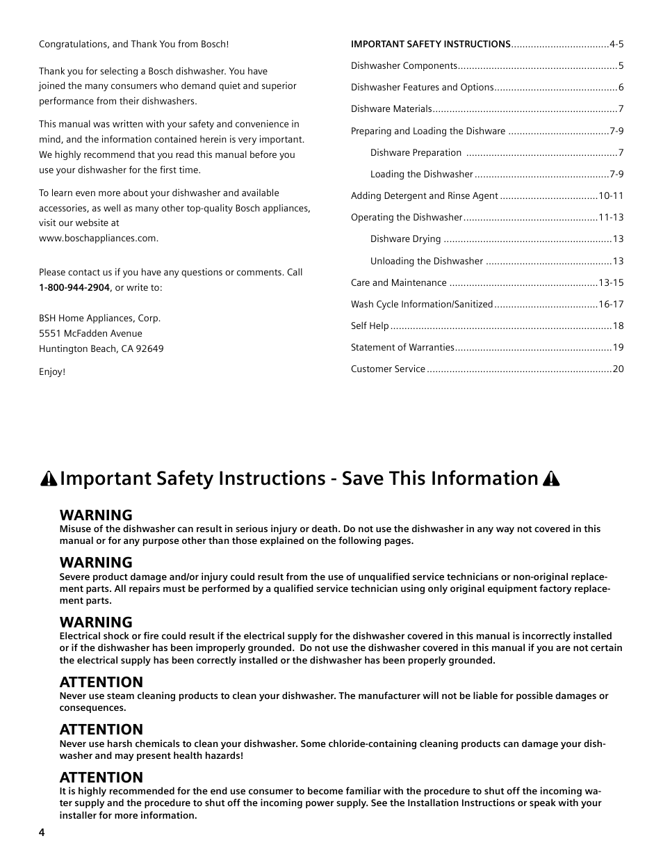 Warning, Attention | Bosch SGV45E03UC User Manual | Page 4 / 64