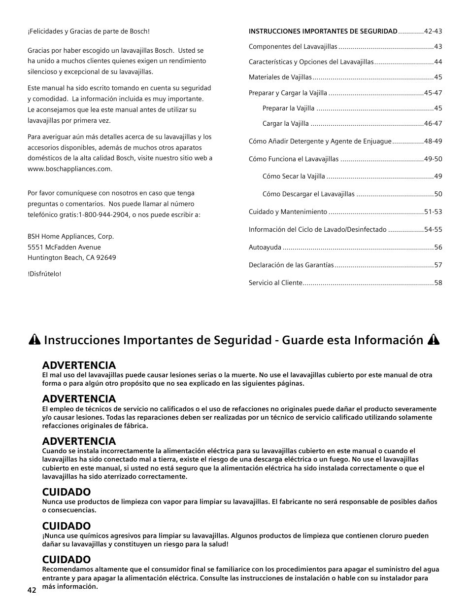 Advertencia, Cuidado | Bosch SGV45E03UC User Manual | Page 42 / 64