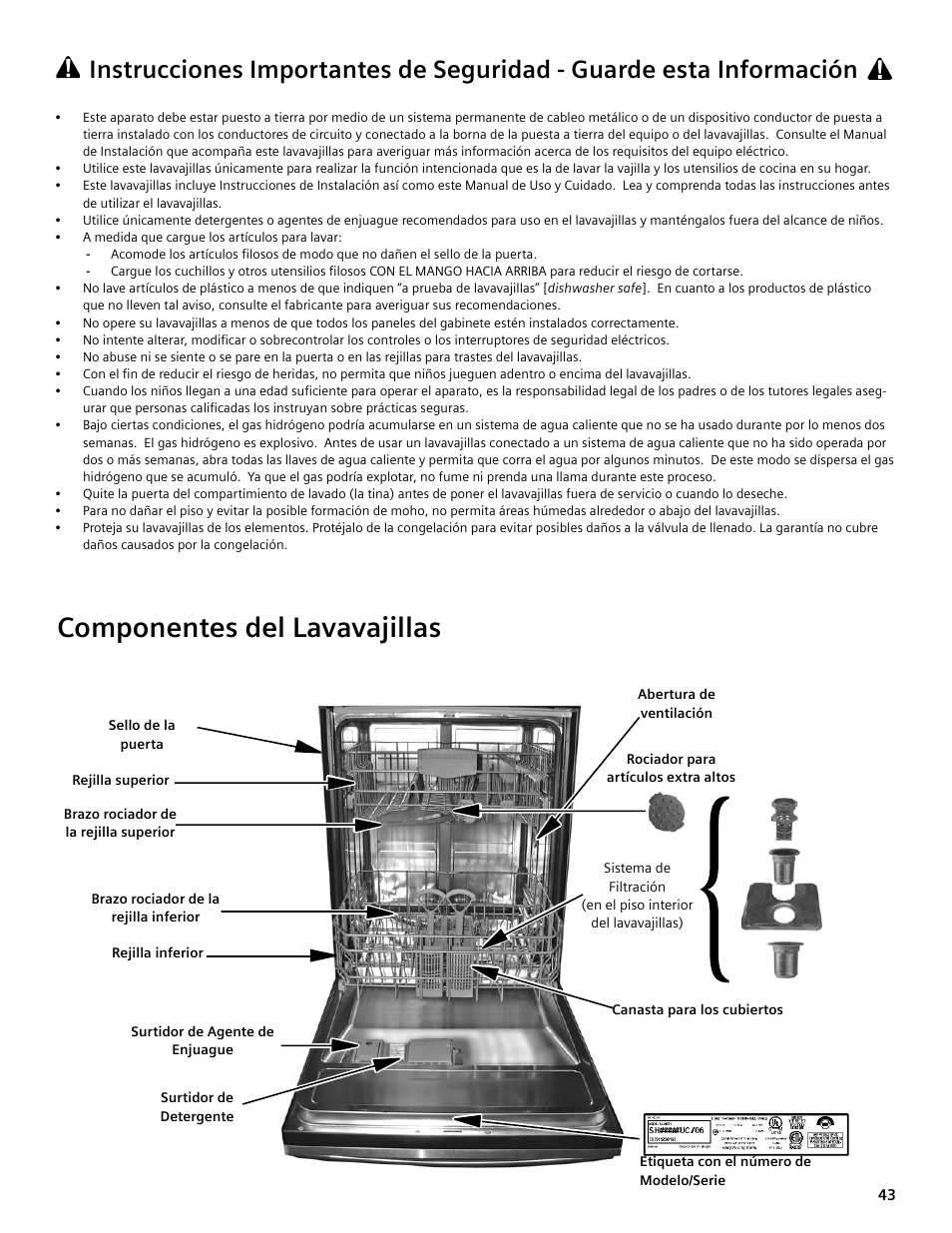 Componentes del lavavajillas | Bosch SGV45E03UC User Manual | Page 43 / 64