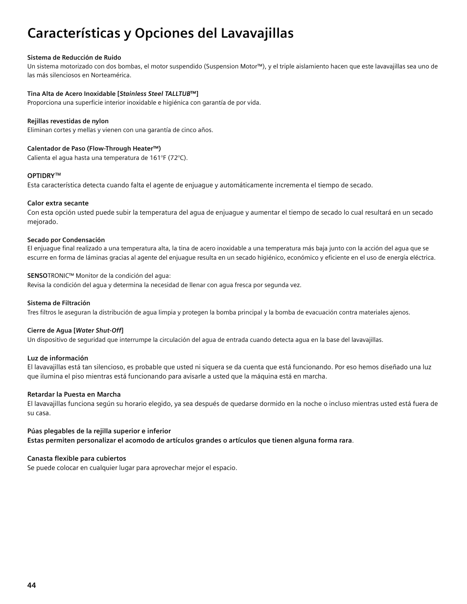 Características y opciones del lavavajillas | Bosch SGV45E03UC User Manual | Page 44 / 64