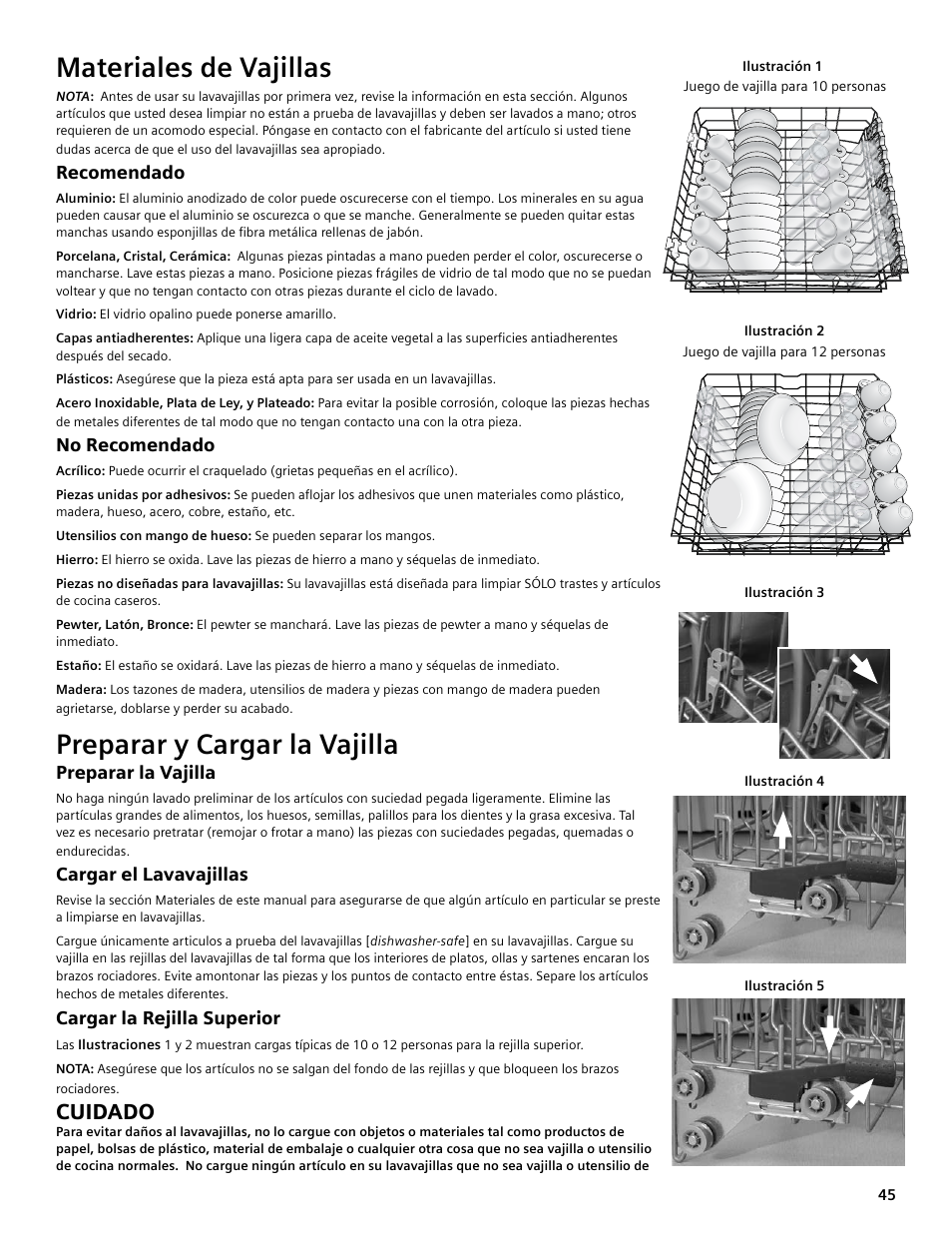 Materiales de vajillas, Preparar y cargar la vajilla, Cuidado | Bosch SGV45E03UC User Manual | Page 45 / 64