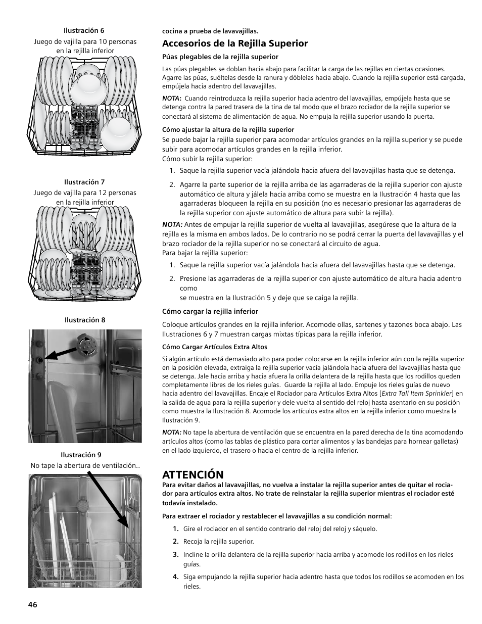 Attención, Accesorios de la rejilla superior | Bosch SGV45E03UC User Manual | Page 46 / 64