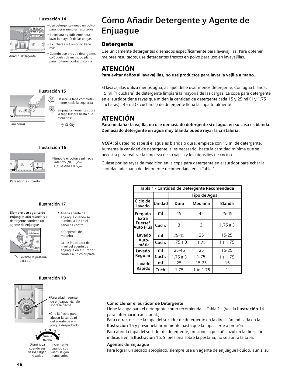 Cómo añadir detergente y agente de enjuague, Atención, Detergente | Bosch SGV45E03UC User Manual | Page 48 / 64