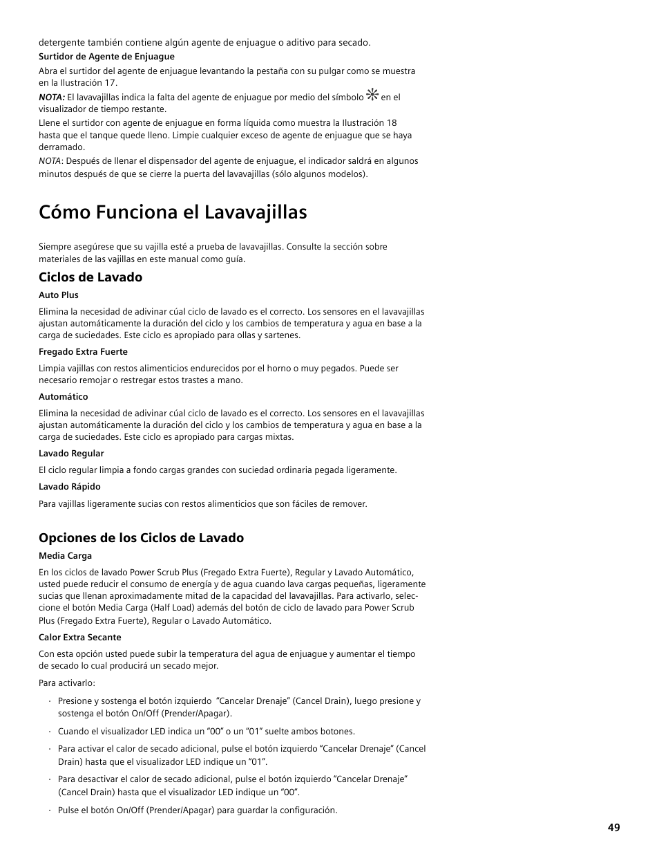 Cómo funciona el lavavajillas, Ciclos de lavado, Opciones de los ciclos de lavado | Bosch SGV45E03UC User Manual | Page 49 / 64