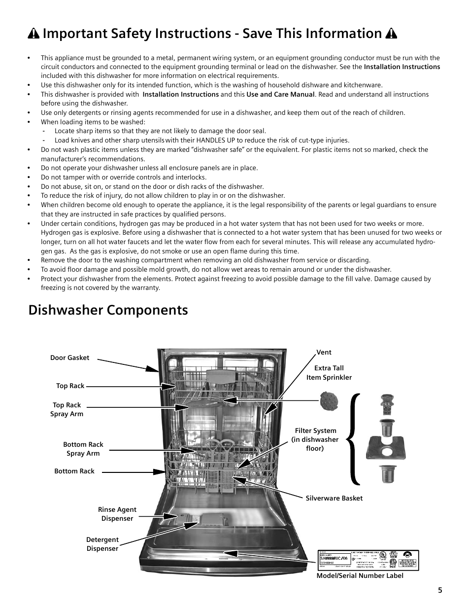 Dishwasher components | Bosch SGV45E03UC User Manual | Page 5 / 64
