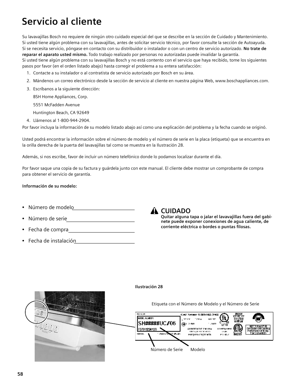 Servicio al cliente, Cuidado | Bosch SGV45E03UC User Manual | Page 58 / 64