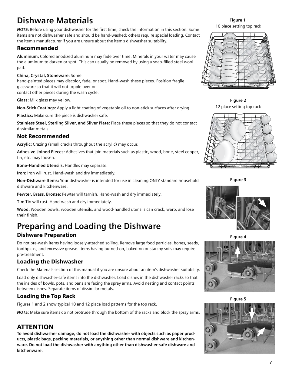 Dishware materials, Preparing and loading the dishware, Attention | Bosch SGV45E03UC User Manual | Page 7 / 64