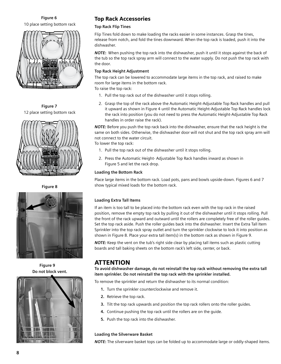 Attention, Top rack accessories | Bosch SGV45E03UC User Manual | Page 8 / 64