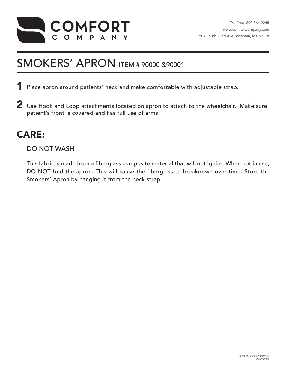 Comfort Company 90001 Smokers Apron User Manual | 1 page