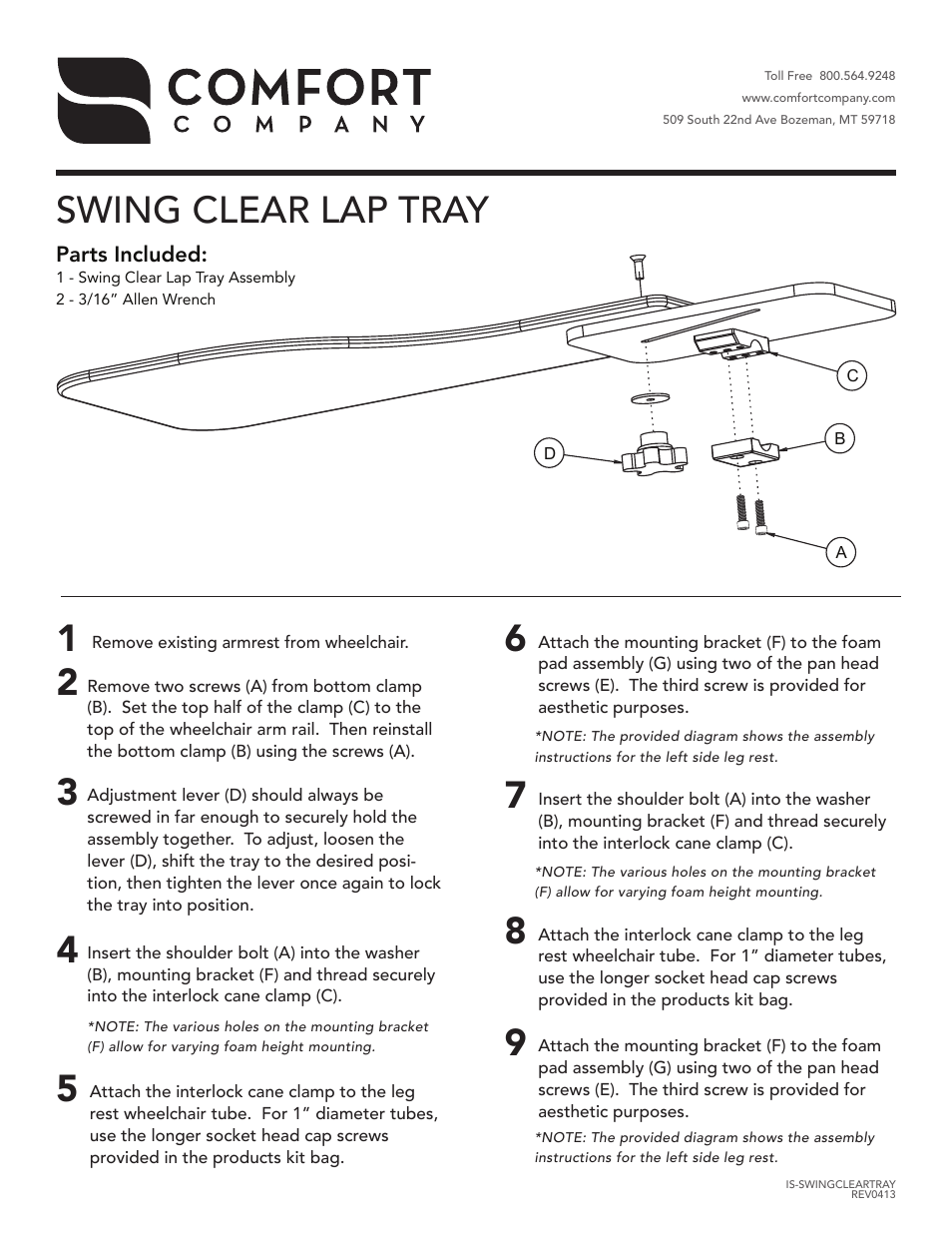 Comfort Company Swing-Clear Lap Tray User Manual | 1 page